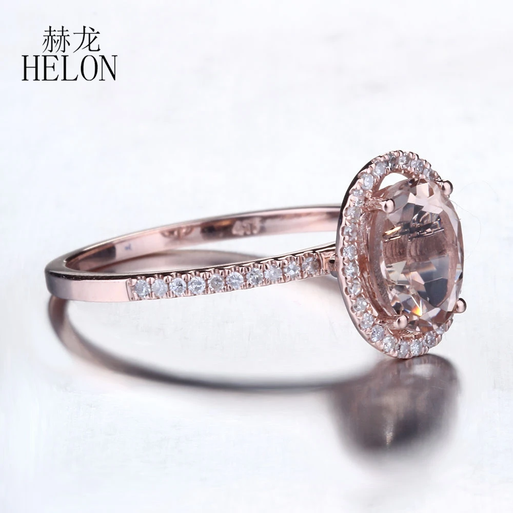 HELON Solid 14k AU585 Rose Gold Ring Oval 6x8mm Natural Morganite Diamonds Engagement Wedding Ring For Women Fine Jewelry Gift