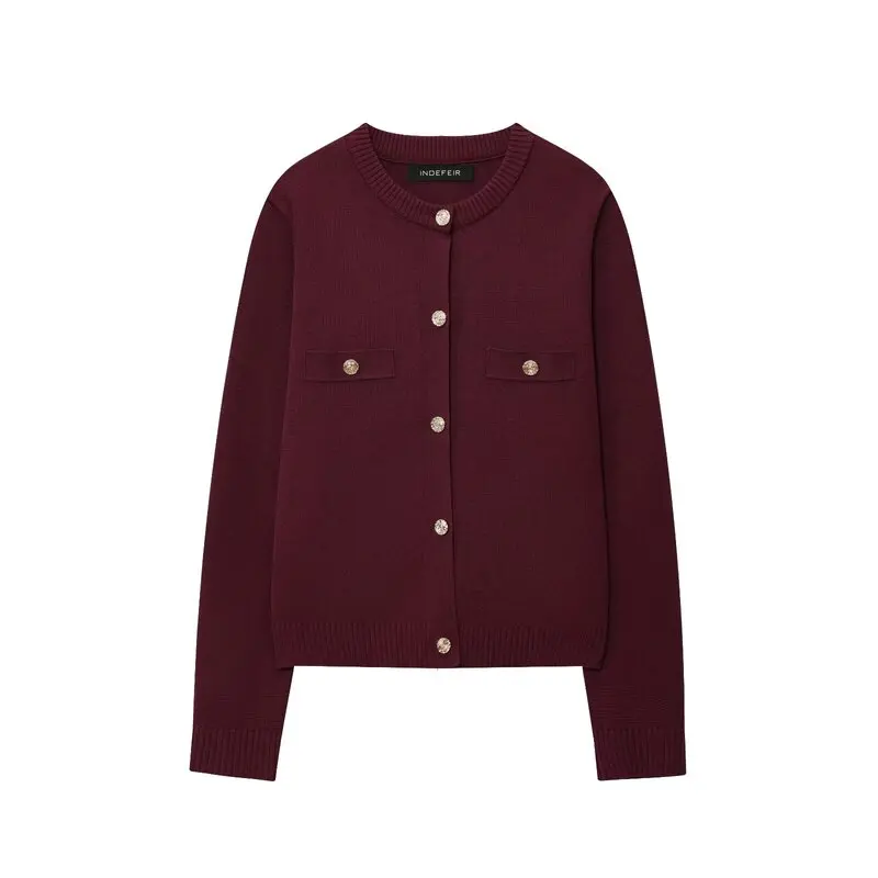 Autumn 2025 Women's Knitted Jacket Golden Button Versatile Commute Outerwear Soft Medium Thickness Long Sleeve round Neck Sho...