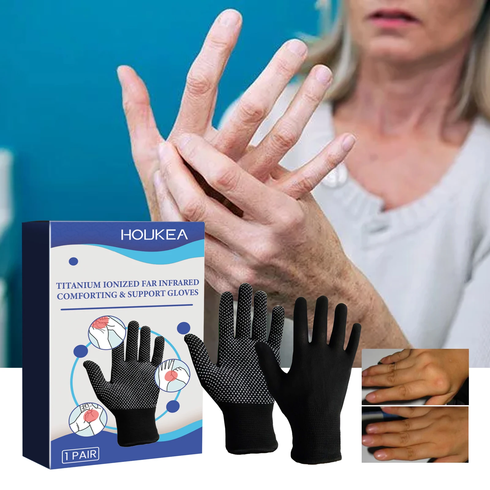 Abgabe von Relief-Handschuhen. Handgelenkhandschuhe zur Linderung von steifem, wundenem und geschwollenem Handgelenk und Daumengelenken