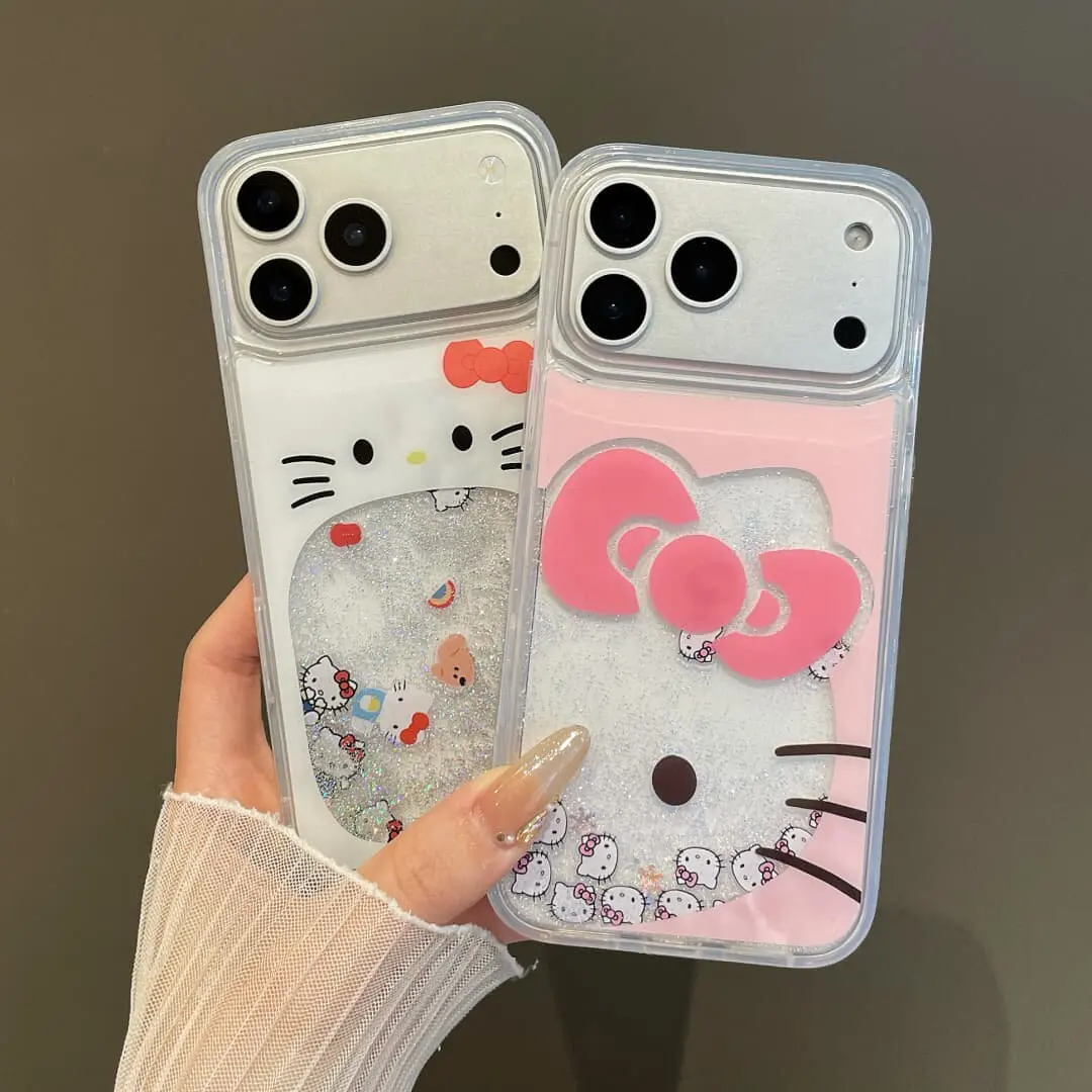 Cute Cartoon Sanrio Hello Kitty Bling Glitter Liquid Quicksand Phone Case For iPhone 17 16 15 14 13 Pro Max Clear Hard Cover view 2