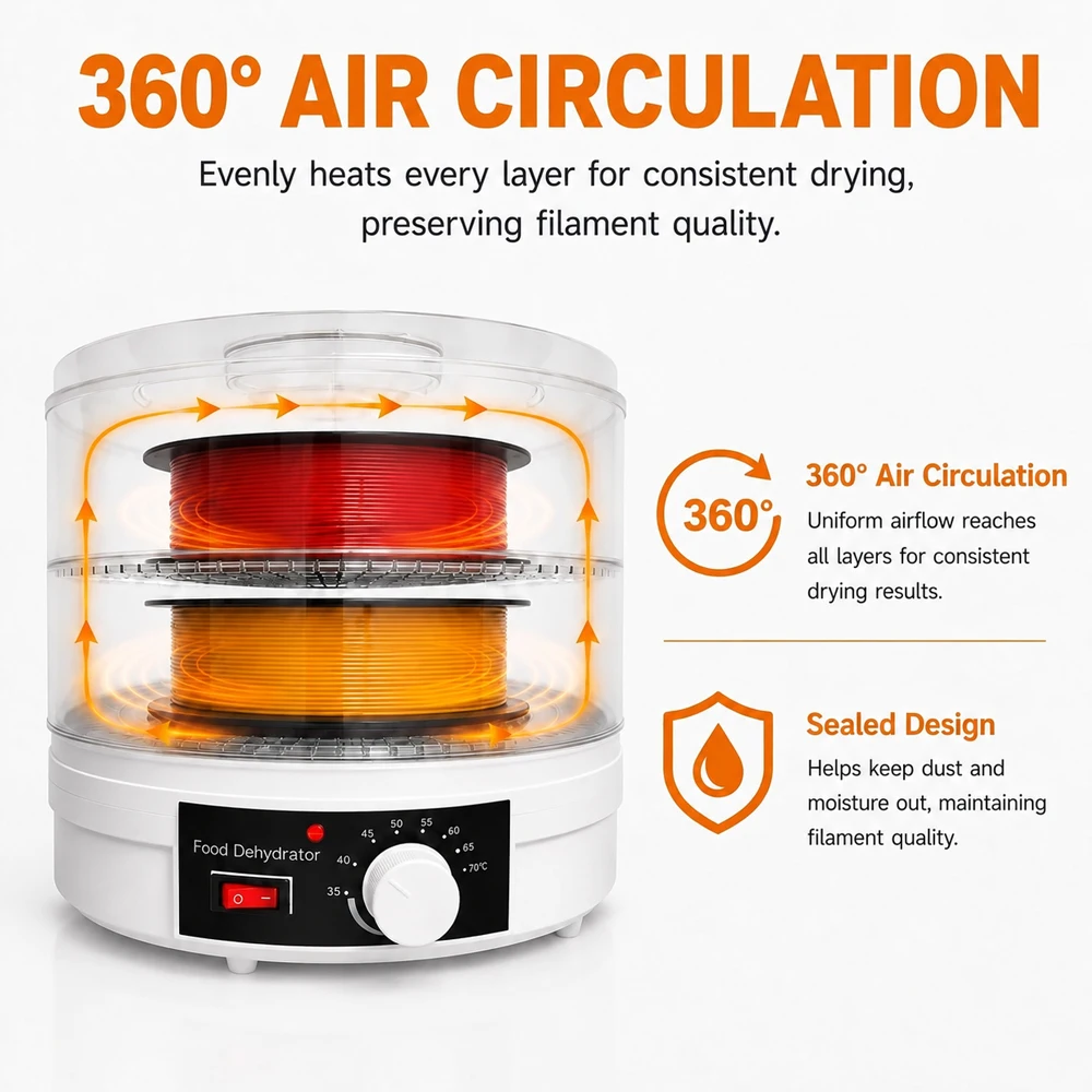 3D Printer Filament Dryer Box, 2-layer Filament Dryer Box Adjustable Temperature 35-70°C, 360° Circulating Air Dehydrator