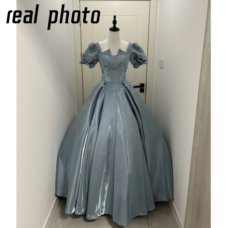 Blue Princess Quinceanera Dresses New Satin Vintage Puff Sleeves Ball Gown Dress Simple Sweet Vestido De Debutante Customized