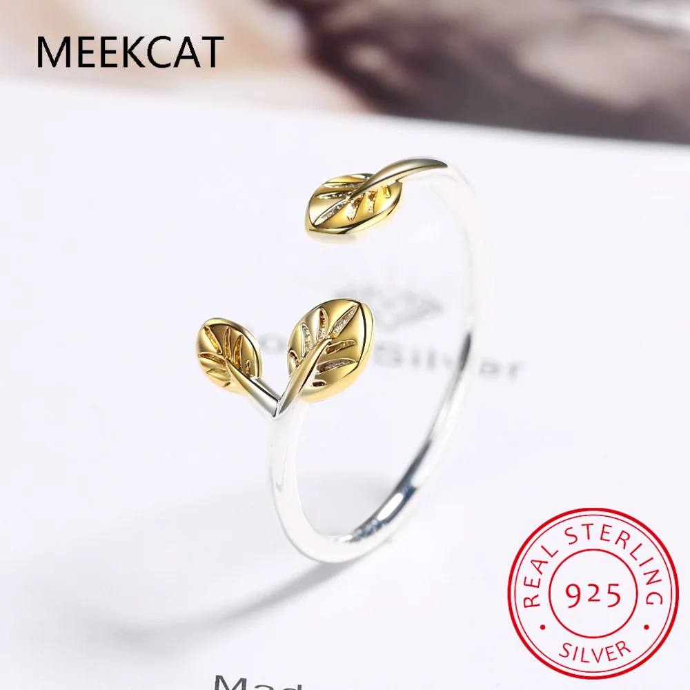 

100% 925 Sterling Silver Fashion Jewelry Gold Leaves Cocktail Opening Ring Sizable 5 6 7 Girls Kids Xmas Gift Anillos DA153