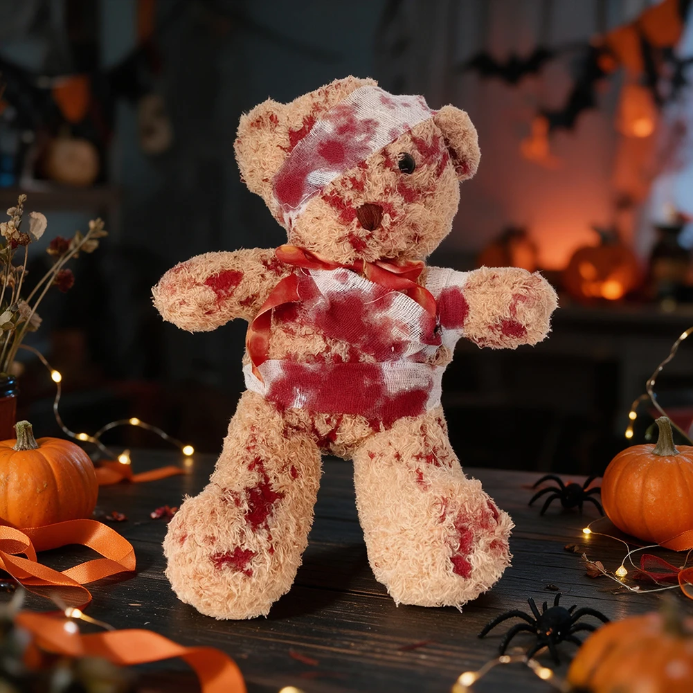 Creepy Plush Bear For Halloween Gothic Dark Style Injured Bear Doll Spookys Plush For Haunted House Pranks Cosplay Accessory