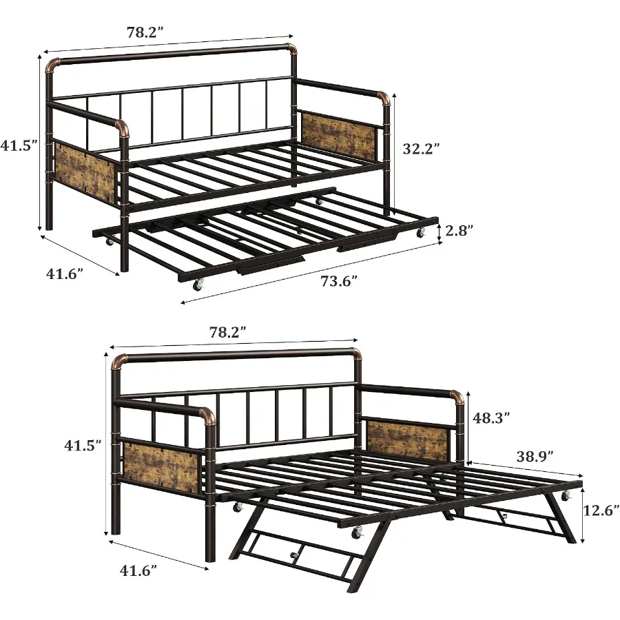 Daybed with Trundle, Twin Daybed with Pop Up Trundle Set, Brown