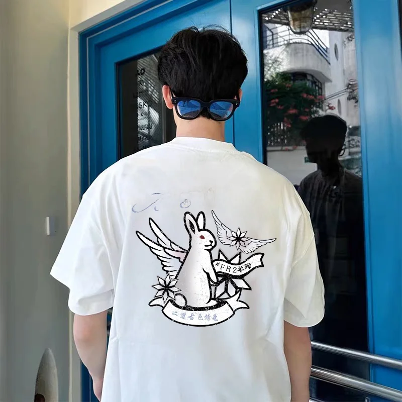 Camiseta FR2 YOTEI OPEN Limited Angel Devilish Rabbit, Estilo Retro Americano, Manga Corta, Algodón Transpirable, Cuello Redo...