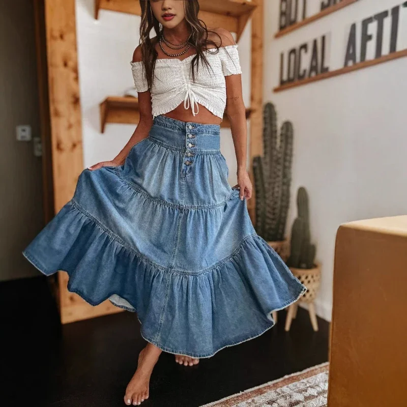 

Women's Fashion Bohemian Style Denim Skirt A-line Skirt with Slimming Design Versatile EuropeanAmerican Daily Layered Cake Skirt