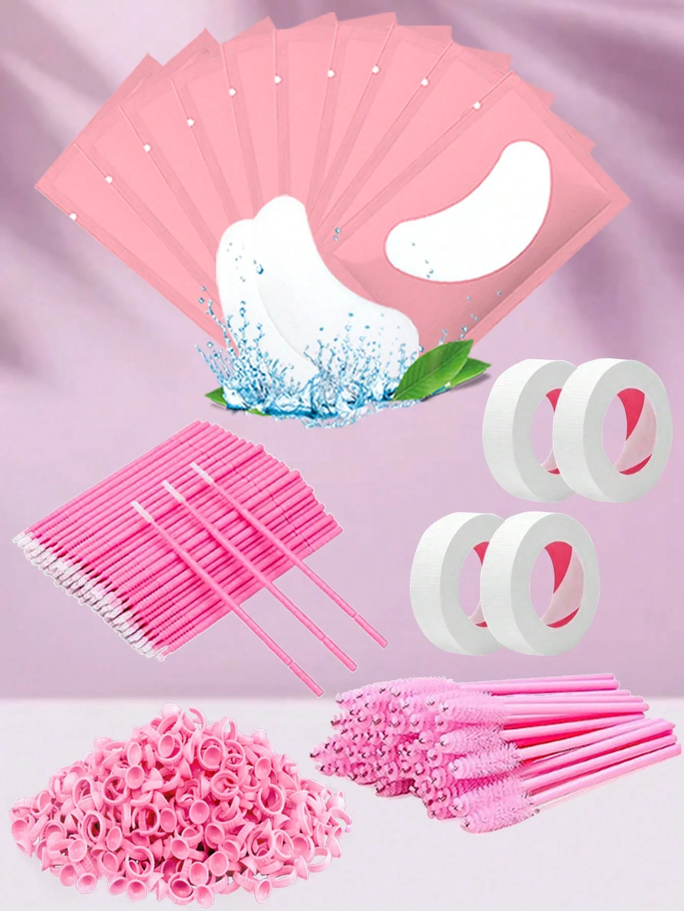 Kit de Fournitures d'Extension de Cils Roses, Outils avec Coussinets de Gel Sous les Yeux, Bandes, Anneaux de Colle, Brosses, 264 Pièces