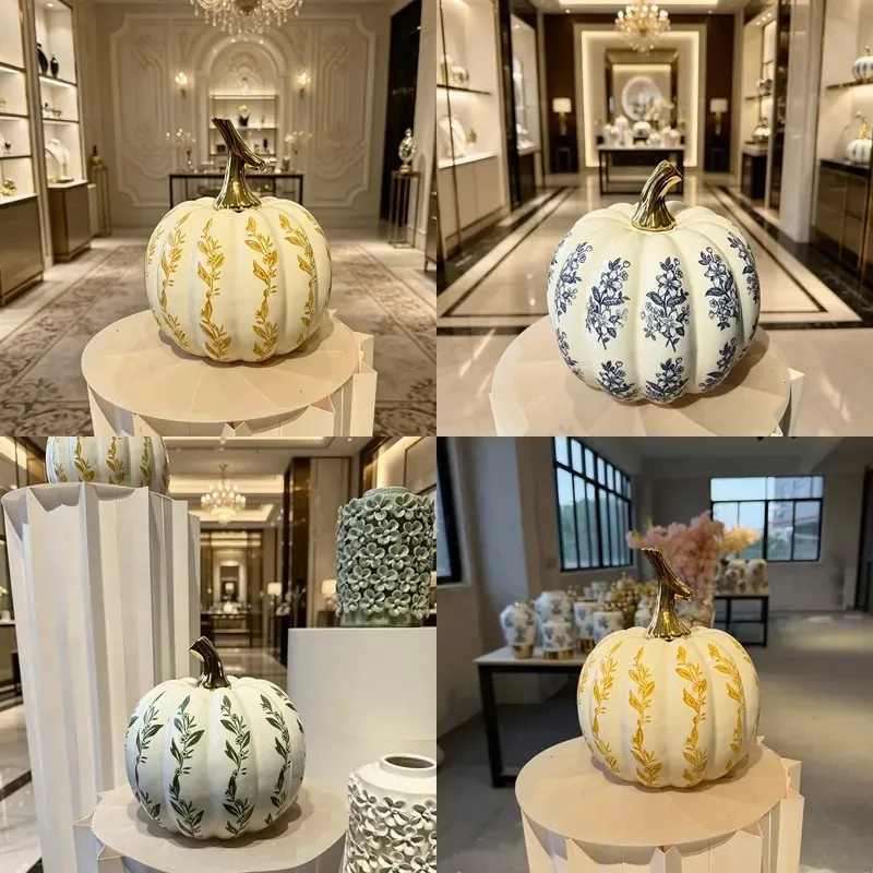 Ceramic Halloween pumpkin ornament handmade color electroplating light luxury leaf pattern living room home decoration
