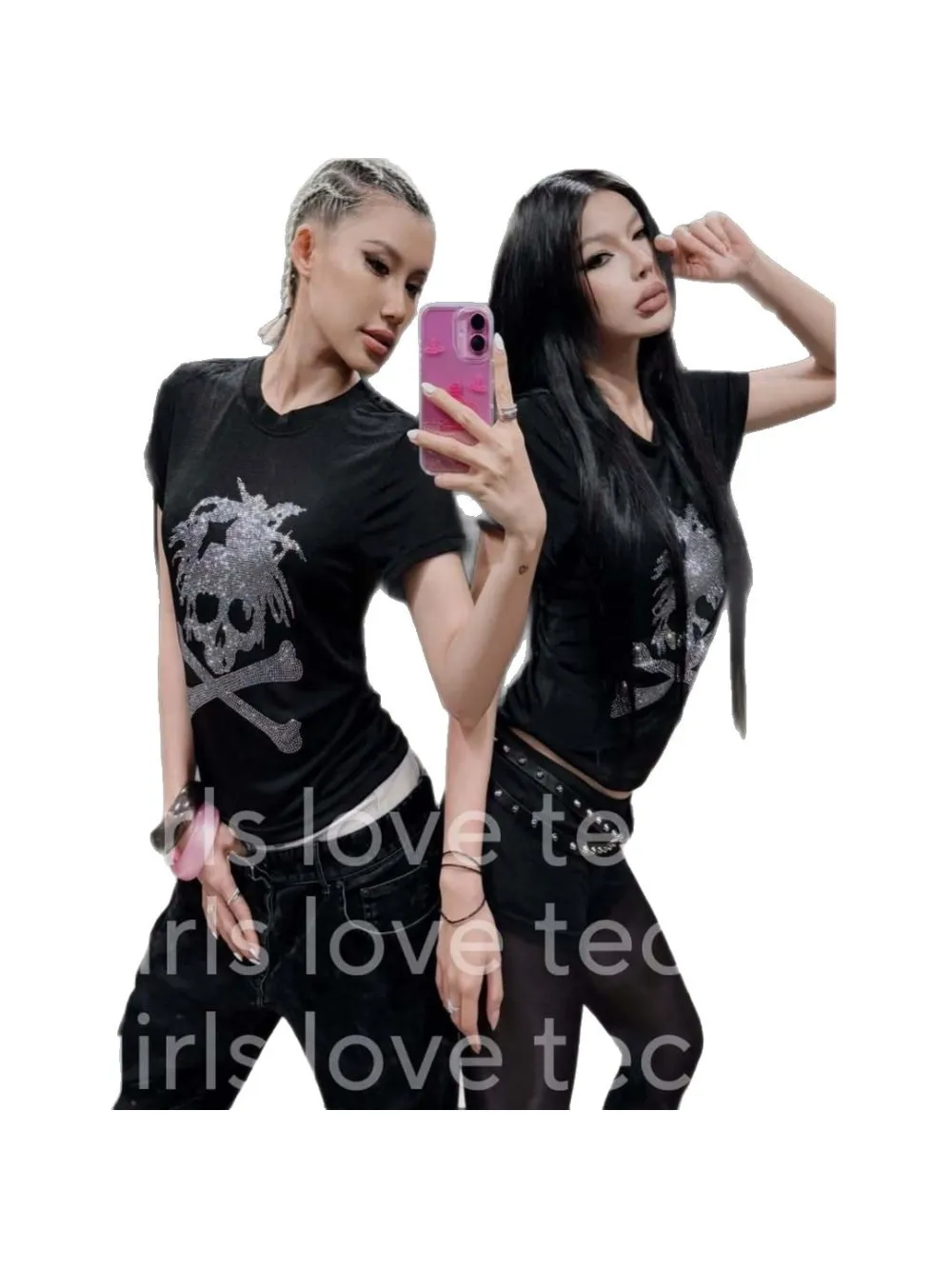 Camiseta com caveira de estamparia escura de nicho pequeno, top de manga curta casual de casal de marca da moda punk escuro Festa da moda