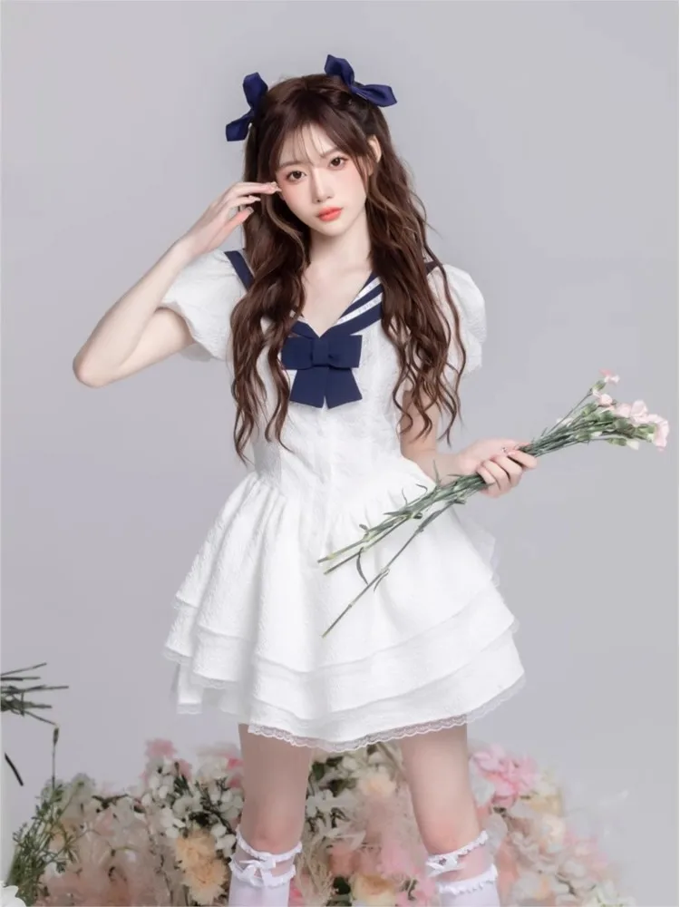 

Women Summer Y2K White Mini Dress Sweet Bow Sailor Collar Short Sleeve A Line Birthday Party Vestidos Korean Casual Clothing