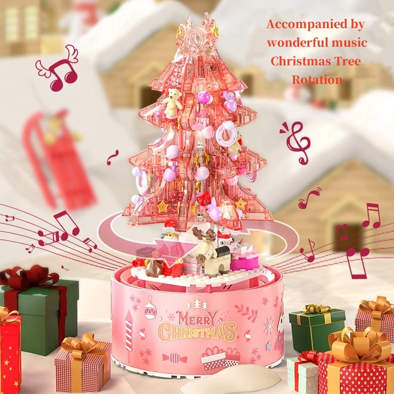 Princess Girl Pink Crystal Christmas Tree Building Blocks Rotating Music Box Children's Puzzle Building Blocks DIY Assembly Toy