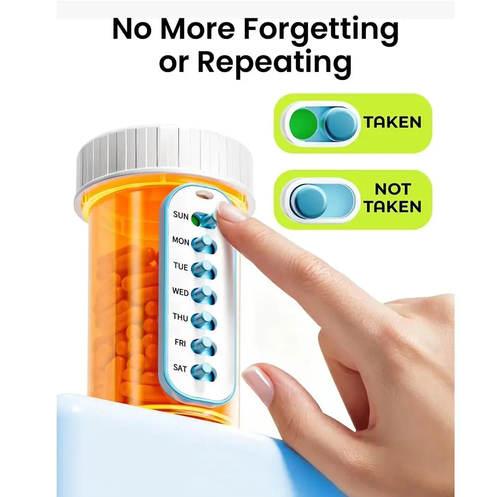 Reusable Pill Reminder Color-Coded Firm Rubber Straps 7 Day Pill Tracker Elastic Lanyard Adhesive Back Pill Bottles Memory Aid
