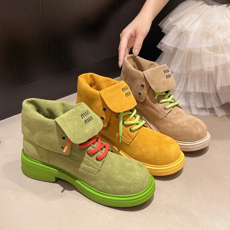 

Trend Personality Women Motorcycle Boots Thick Bottom Designer Lady Matte Leather Shoes Women Stylish Lace-up Ankle Women Boots