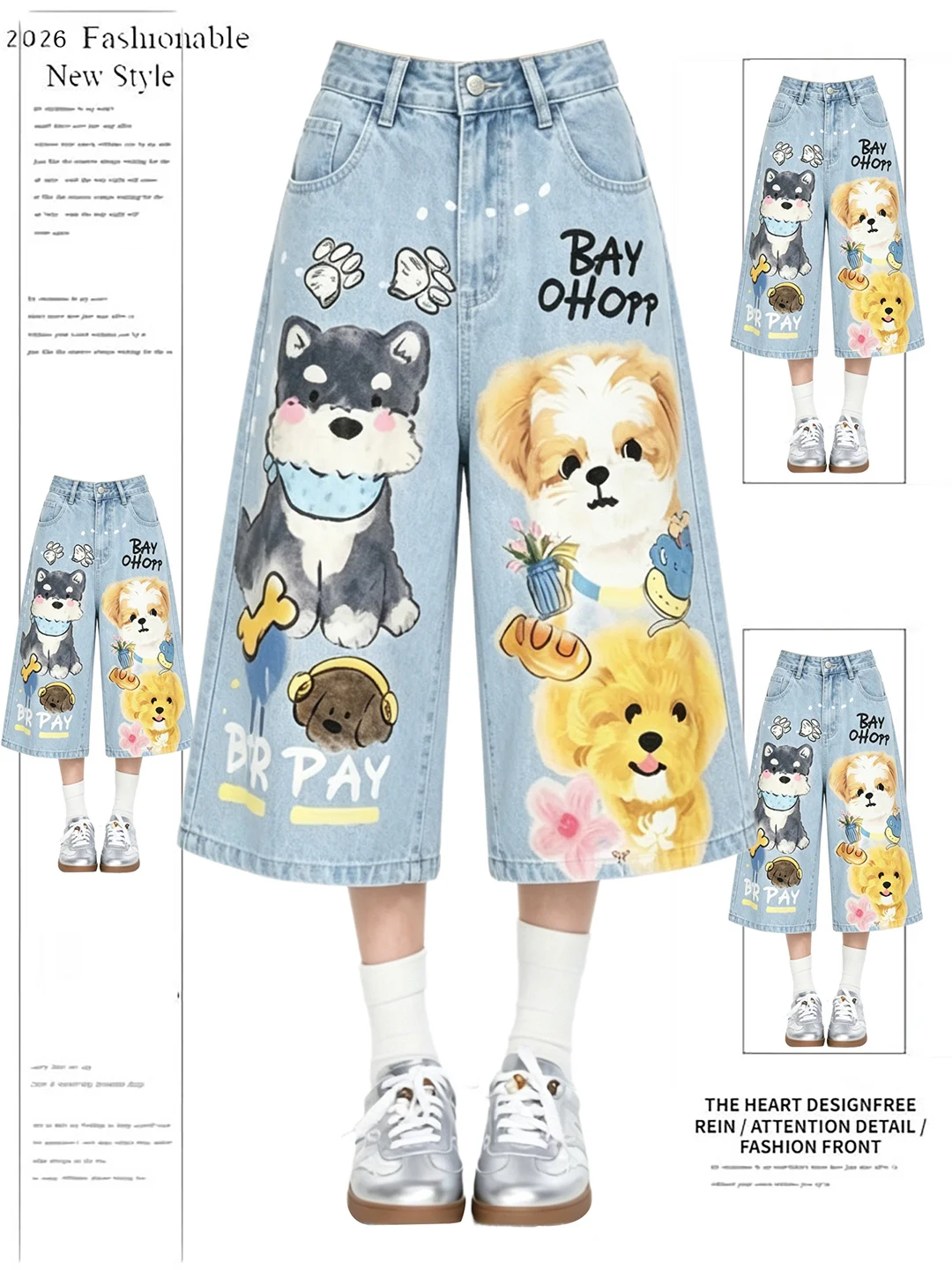 

Summer New Women's Loose Wide Leg Jeans Short Pants Cartoon Dog Print Casual High Waist Denim Pants Blue Color for Young Girls