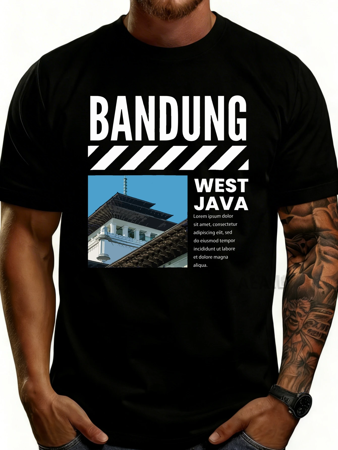 Men's Plain Graphic T-Shirt - Breathable, Soft, and Lightweight - Bandung West Java Architectural Text - Retro Fun Graphic Casual Short-Sleeve Summer Top, Gift for Him