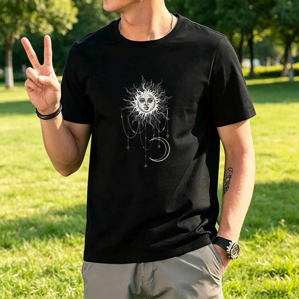 Camiseta Feminina Widows Bay Patricias Celestial Sol e Lua Crescente BOHO de Algodão com Caimento Relaxado Blusa Casual Cósmica para Festival