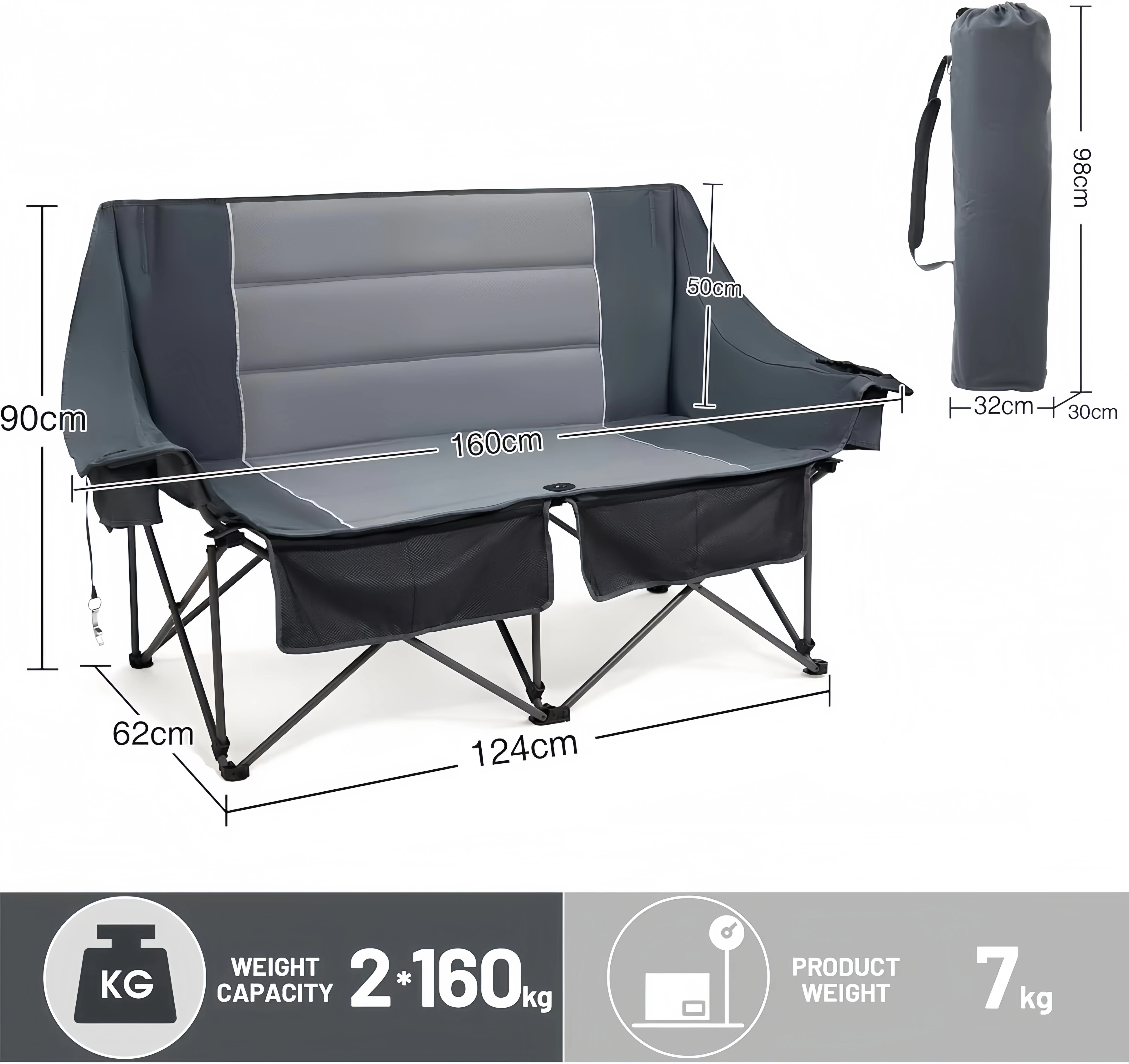 Modern Metal Oxford Cloth Lightweight Portable Folding 2-Seater Heavy Duty Padded Camping Loveseat Chair Cup Holder Bottle