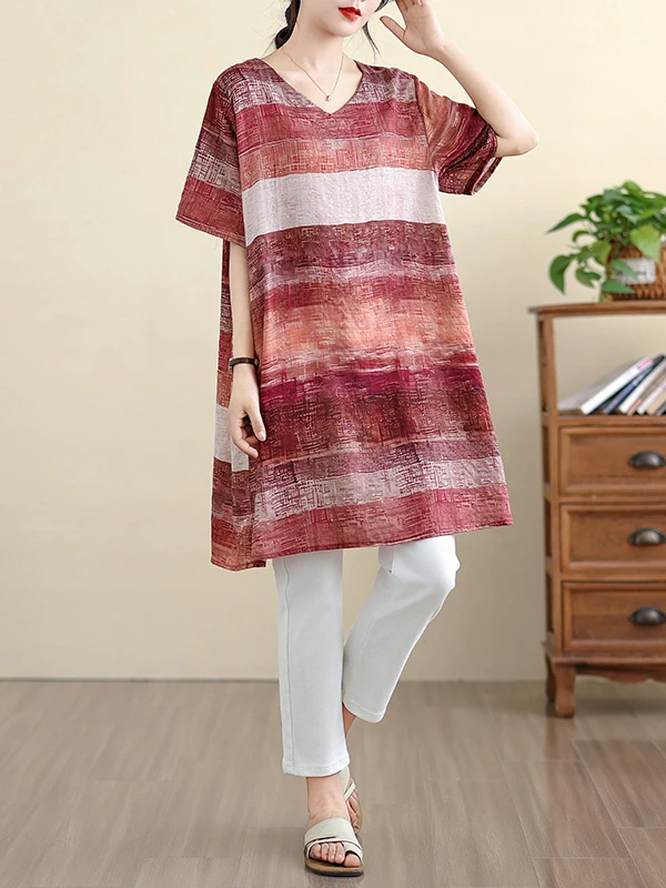 Rétro rayé coton Lin femmes Dr ort Sve Midi ample Materni été nouveau Sle v-ne coupe droite t-shirt haut