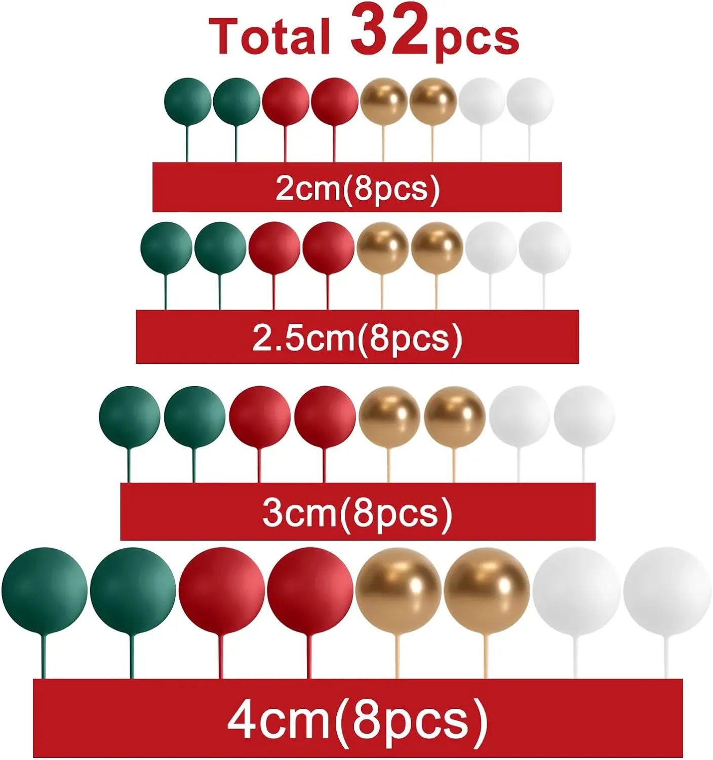 32 Stück Weihnachtskugel-Kuchenaufsatz, Dekorationen, Schaumstoffkugeln, Kuchenaufsatz, Kugeln, Kuchendekorationen für Hochzeit, Party, Geburtstag – Detail 2