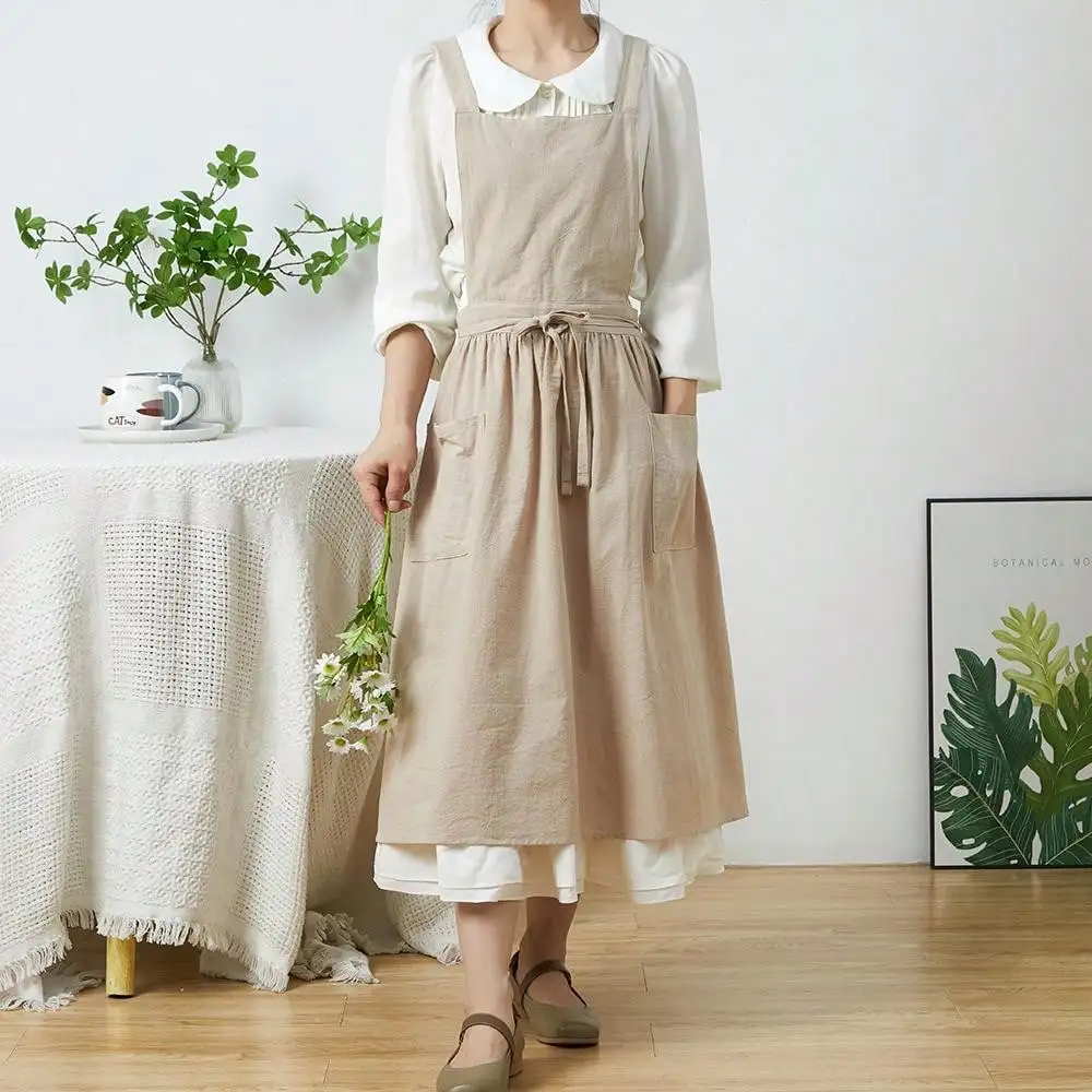Kurze nordische Wind Falten rock Baumwolle Leinen Schürze Frauen Mädchen Vintage Schürze Gartenarbeit Cross Back Träger Kleid – Detail 11