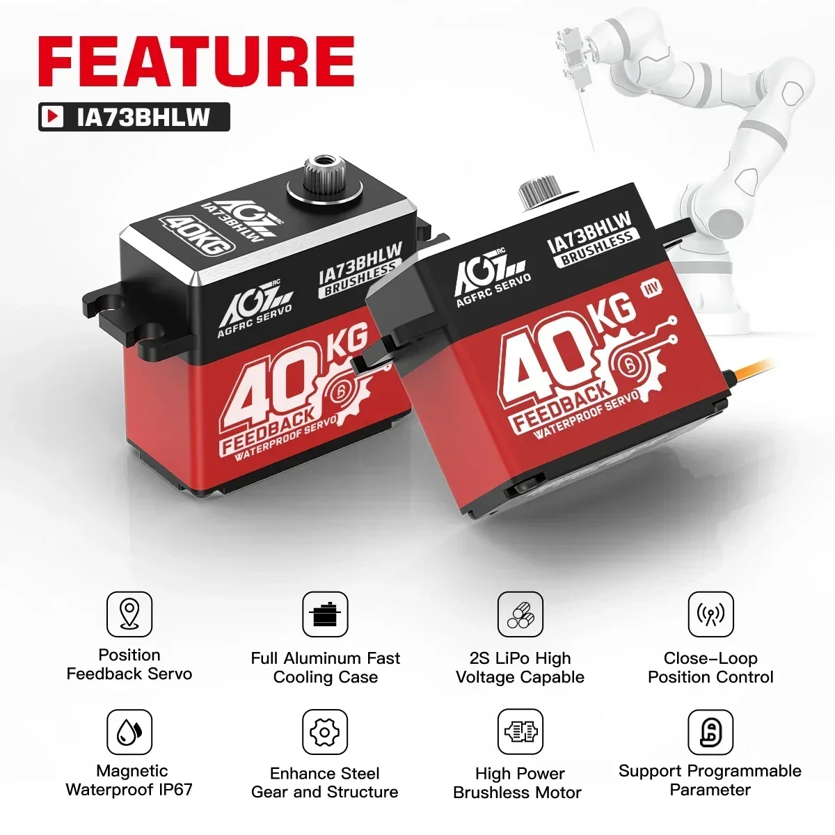 DrMasAGFRC A73BHLW 2S 40KG High Torque 0.100sec Magnetic Waterproof IP67 Brushless Programmable Digital Position Feedback Servo
