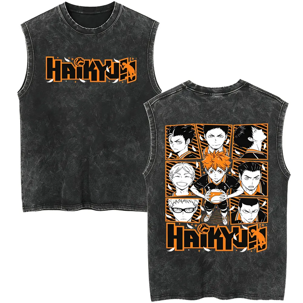 Anime Haikyuu Vintage Washed Tank Tops Tobio Kageyama Hinata Shoyo Sleeveless Vest Tees Men's Women Cartoon Manga Merch T Shirt