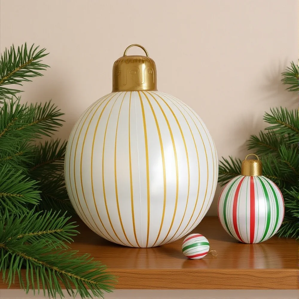 22-calowa gigantyczna nadmuchiwana bomba choinkowa, pogrubiona bomba choinkowa z PVC w paski, dekoracja świąteczna na zewnątrz, na podwórko.