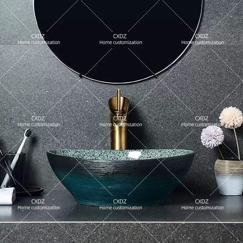 Ceramic Wash Basin Single Bowl Art Retro Vessel Sink for Bathroom Countertop Hand Washing Tray Household Lavatory