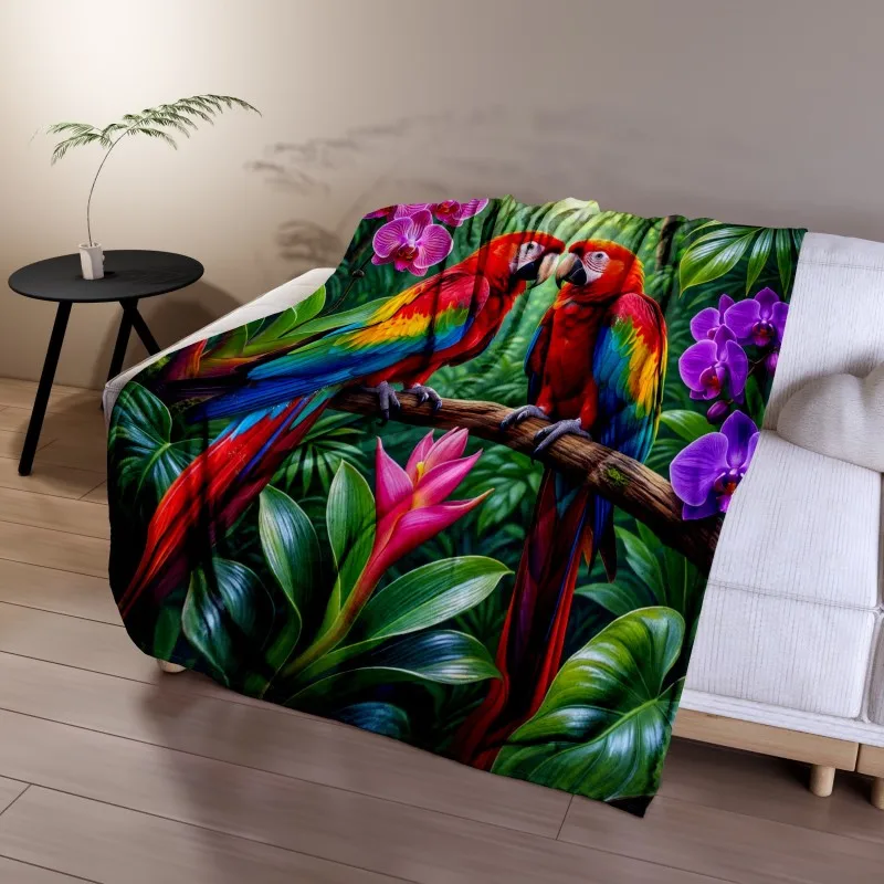 3D Macaw Parrot Orchid Jungle Print Flannel Blanket, Soft Microfiber Throw Blanket for Sofa Bed, Tropical Home Decor Gift
