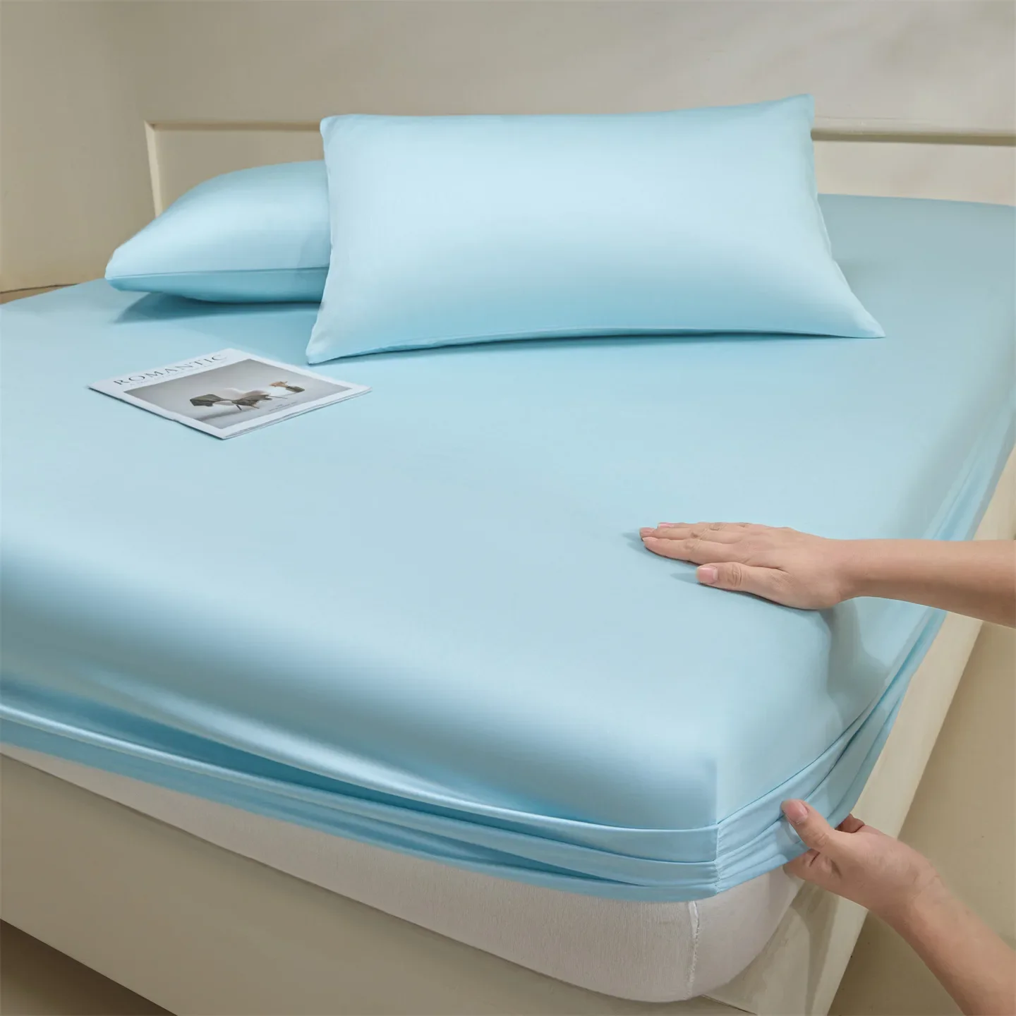 High End Lyocell Fiber Silky Fitted Sheet Queen Solid Color Ice Silk Mattress Cover Single Double Size Elastic Band Bed Sheets