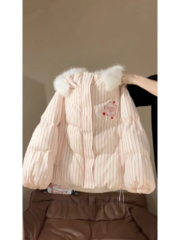 2025 New Lazy Style Pink Striped Fur Collar Bread Coat Women's Star Hood Design Cotton Jacket Outerwear Sweet College Edition