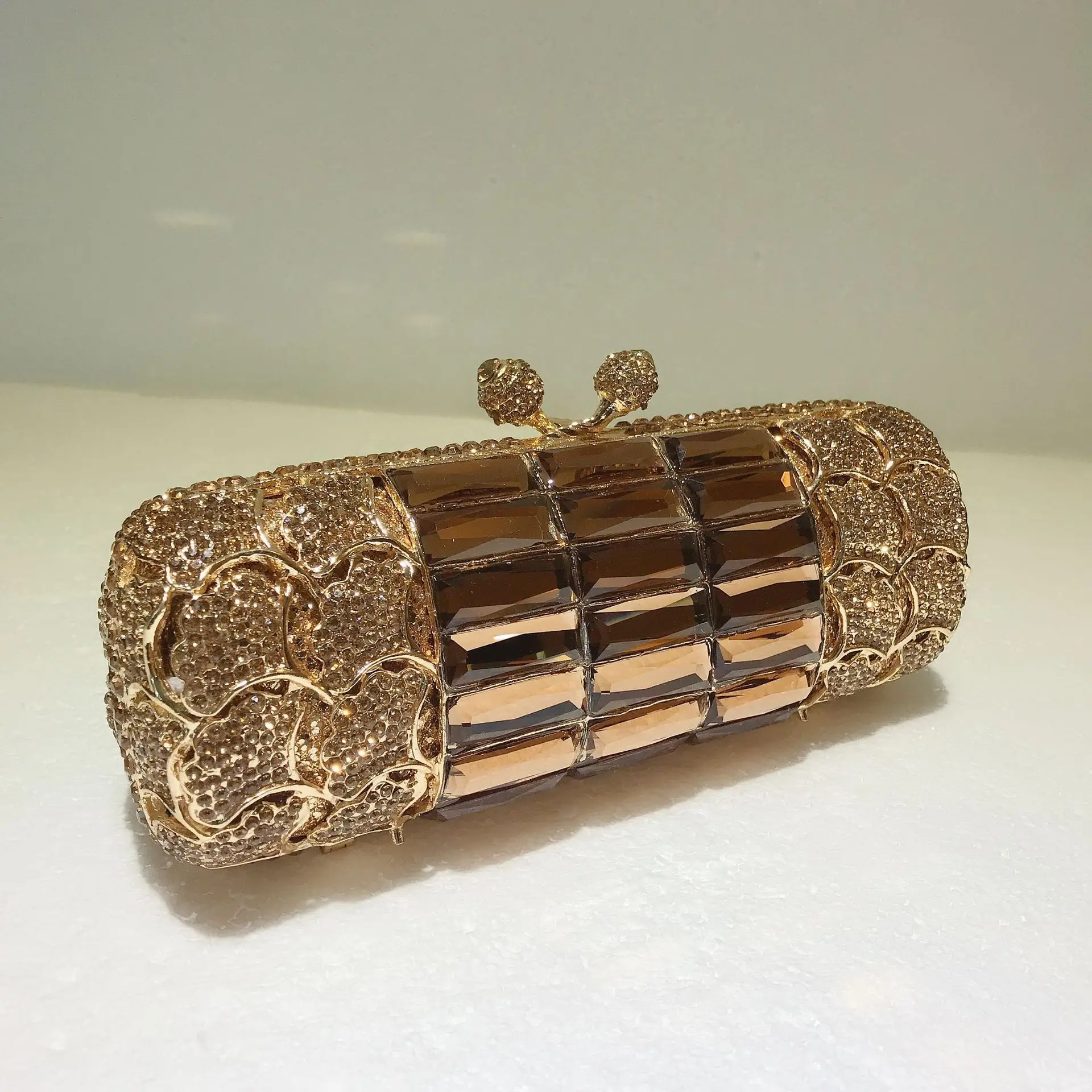 Metal Diamond Evening Bag Golden Apricot Brown Glass Diamond Clutch Bag Cylindrical Bag Luxury Designer Handbags Elegant Bag