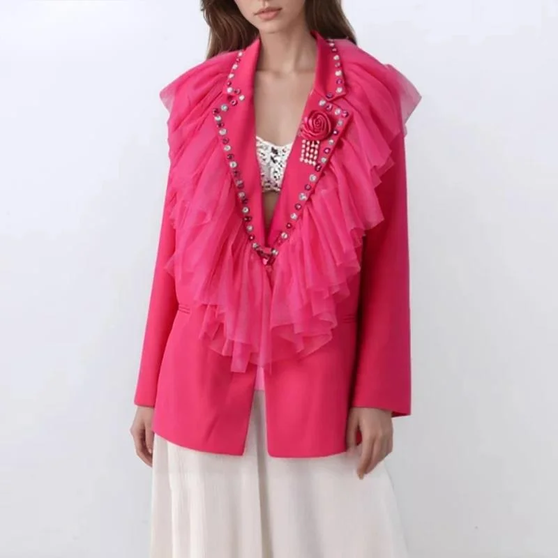 Fashion Collar Splicing Lace Mesh Blazer Women's Lapel Long Sleeves Suit Jacket Spring Autum Trendy Clothes CD33