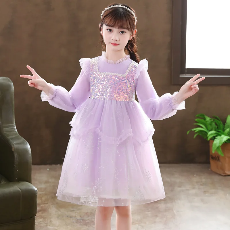 Girls' Sofia Princess Dress Autumn New Stylish Castle Print Tulle Dress Purple Puffy Dress for Girls