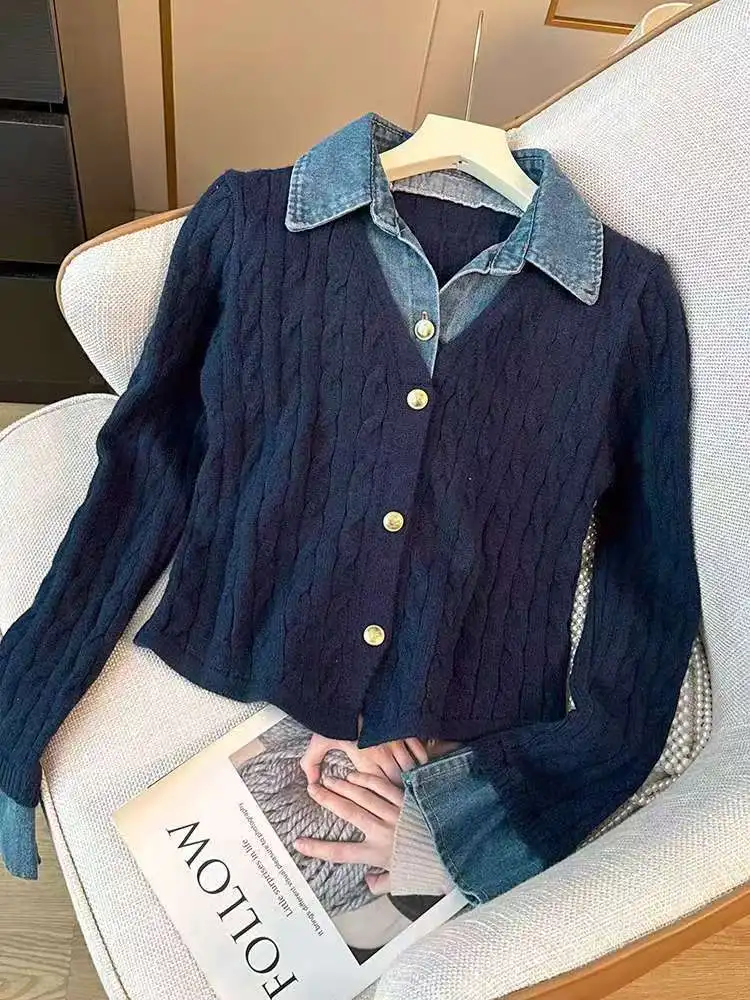

Turndown Collar Denim patchwork Knitted Sweater French Fake Two-piece Long Sleeved Coat Autumn College Style Versatile Short Top