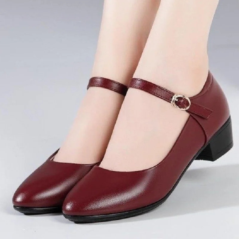 Women Cute Round Toe High Quality Black Buckle Strap Spring & Summer Square Heel Shoes Lady Classic Comfort Office Shoes B143