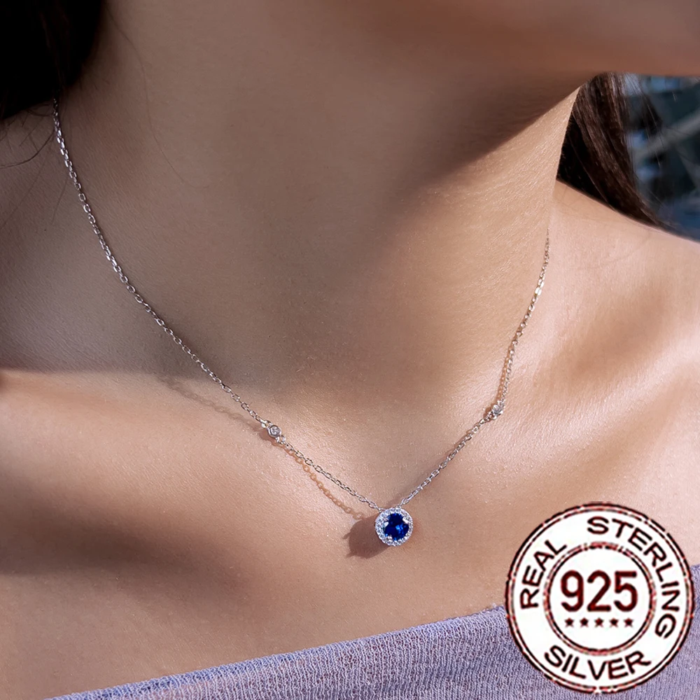 

QooLady S925 Sterling Silver Luxury Dark Blue CZ Crystal Round Pendant Necklace for Women Anniversary Jewelry Festive Gift SD040