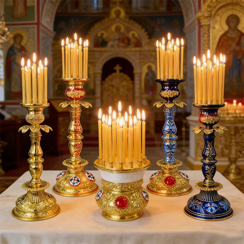 Eastern Orthodox Gold Plated Church Candle Holder Set with Red Blue Enamel Accents for Christian Liturgy Home Altar Decoration