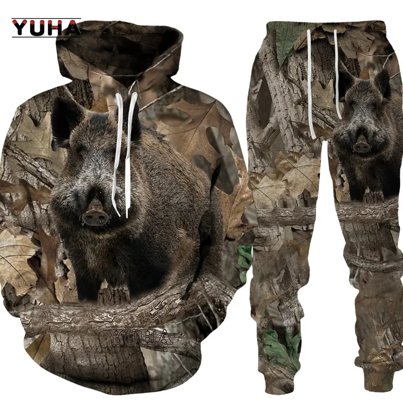 Hoodies Set Casual Camouflage Hunting Animal Wild Boar 3D Hoodies Sweatshirt Boys Tracksuit 2 Pieces Set Sportwear Boys Clothing