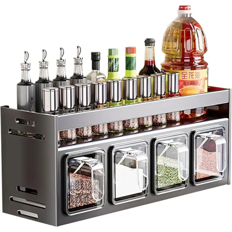 Wall Mounted Kitchen Spice Rack, Hanging Seasoning Jar Organizer Over Stove for Salt Sugar Pepper
