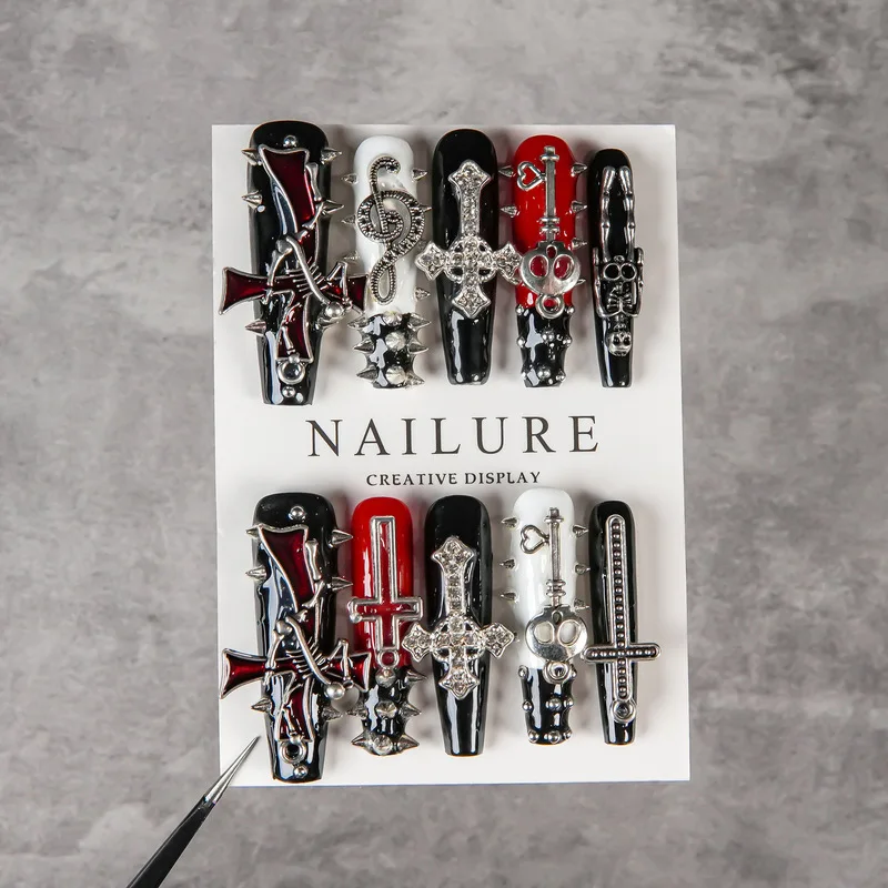 Handmade Long Coffin Press On Nails Black Red White Gothic Cross Metal Charms Fake Nails Punk Rivet Design Reusable Wearable Fal