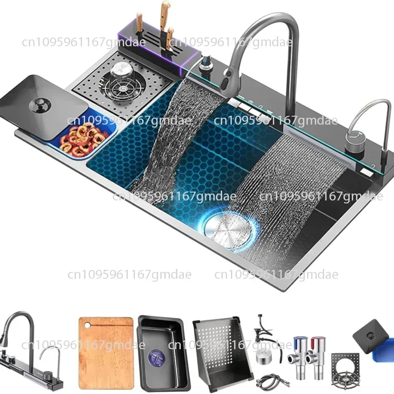 New whale large single slot 304 stainless steel kitchen digital display sink with trash can vegetable basin vegetable sink