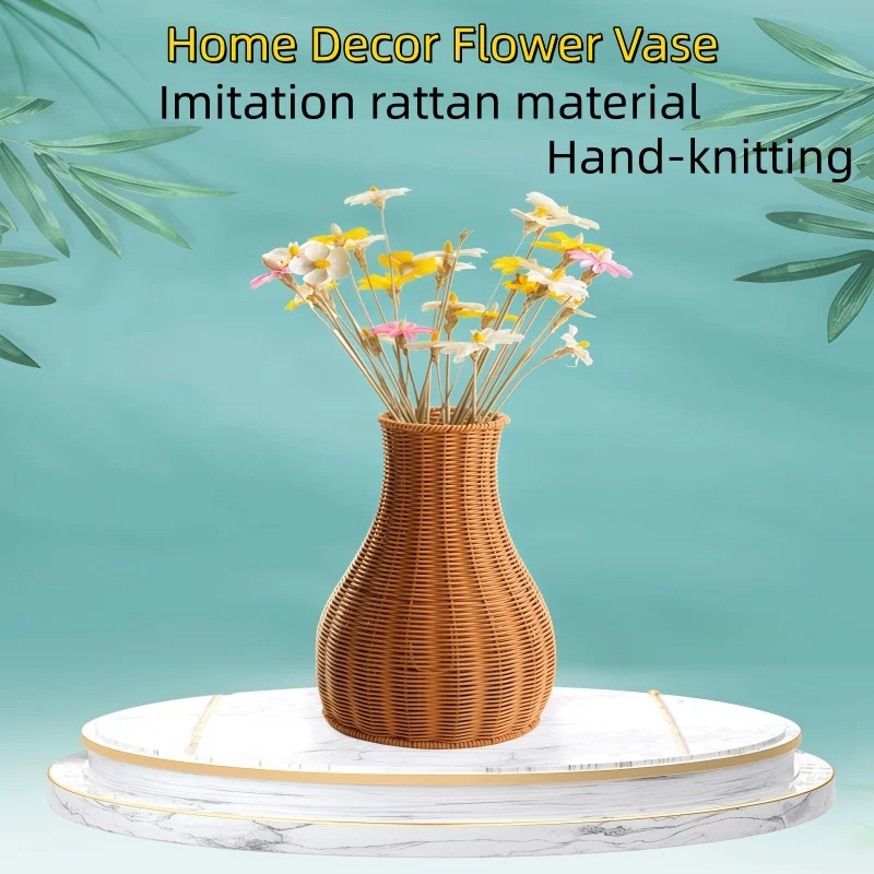 Handmade Woven Rattan Vase Boho Desktop Decor Flower Holder for Living Room Office Wedding Gift Durable PP Art Vase