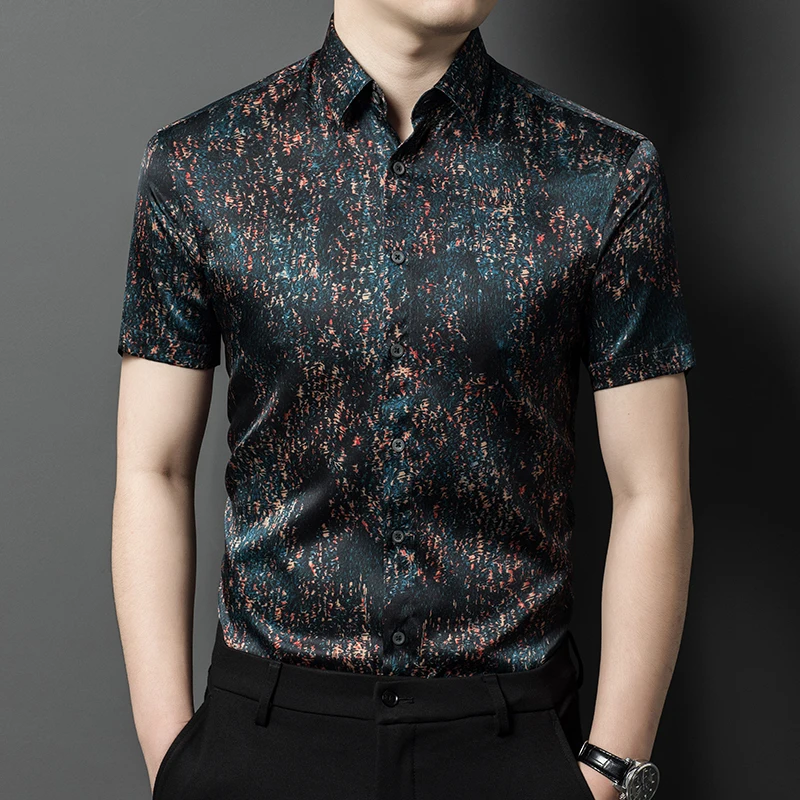 Breathable Print Premium Shirts For Men Short Sleeve Real Silk Summer Quality Soft Comfortable All Match Camisas De Hombre L-4XL