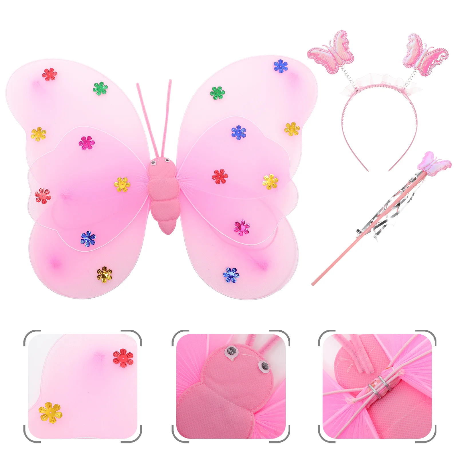 3 Pcs Girls Fairy Set Wings Double Layer Headband and Fairy Wand for Kids(Pink) fairy wings fairy costume