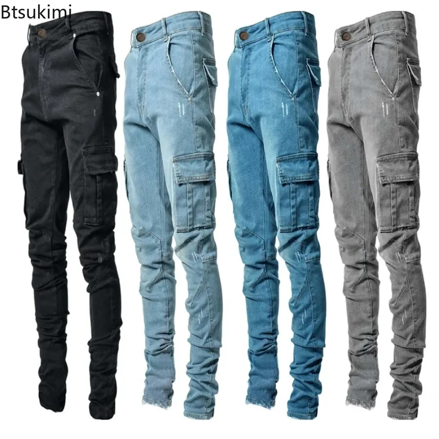 

Fashion New Men's Denim Cargo Pants Multi-pockets Design Solid Slim Jeans Men Street Elastic Cowboy Trousers Daily Wear Joggers