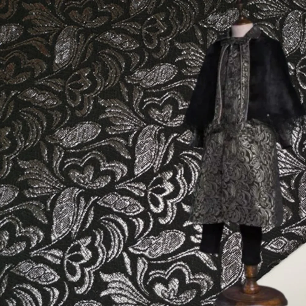 

Silver Brocade Jacquard Fabric European Retro Dark Grain Children's Dress Trench Coat Design Cloth Fashion Material