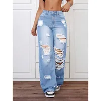 Womens Pants Womens Jeans Trendy Light Blue Distressed Baggy Relaxed Fit Wide Leg Denim 2