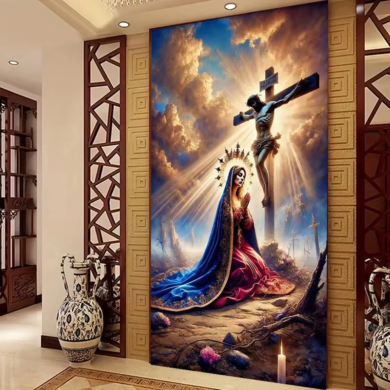 

Большая алмазная живопись «сделай сам», Дева Мария и Иисус, религиозный крест, искусство, полная квадратная круглая Алмазная мозаика, вышивка, большой размер